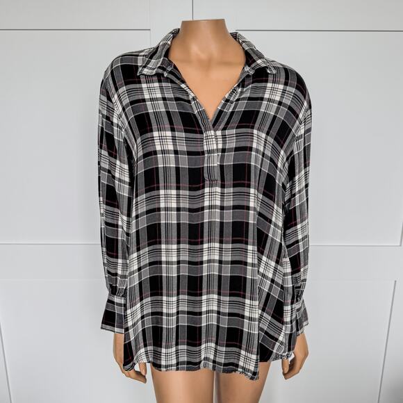 Chaps, Plaid Split Neck Relaxed Fit Henley Top, White/Black/Red, Women’s Large - Picture 4 of 7